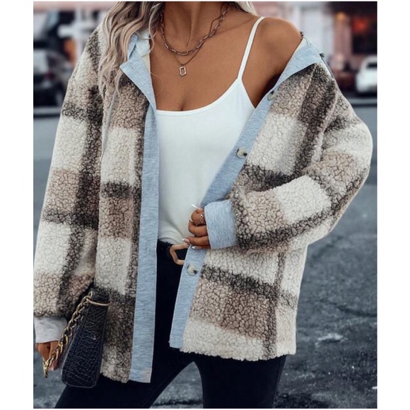 BellanBlue Tops - 012 Cozy Plaid Print Button Down Teddy Jacket Shacket